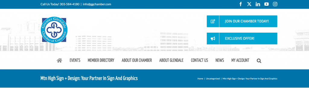 Mtn High Sign + Design logo with tagline 'Your Partner in Sign and Graphics', featured in Glendale Chamber post.